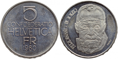ШВЕЙЦАРИЯ 5 ФРАНКОВ 1980 ХУДОЖНИК ФЕРДИНАНД ХОДЛЕР KM 59 медно-никель UNC 443-142