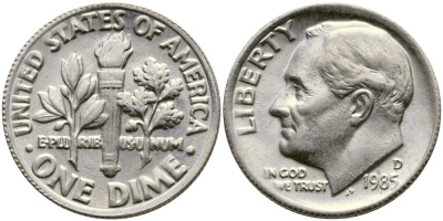 США 10 ЦЕНТОВ = 1 ДАЙМ 1985 D, РУЗВЕЛЬТ KM 195а медь плакированная медно-никелем 46-2461