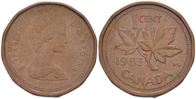 КАНАДА 1 ЦЕНТ 1983 КЛЕНОВЫЙ ЛИСТ, ЕЛИЗАВЕТА II KM 132 бронза 57-1253