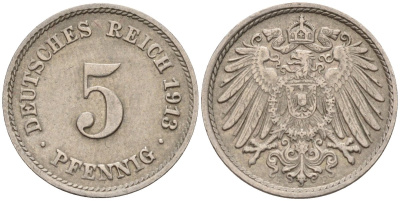 Германия 5 пфеннигов 1913 F KM 11, J. 12 медно-никель 4151-542
