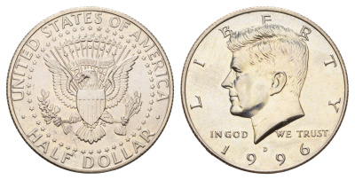 США 1/2 доллара (50 центов) 1996 D, Джон Кеннеди KM A202b медь плакированная медно-никелем UNC 4672-722
