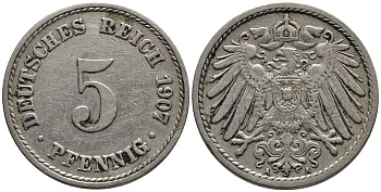 ГЕРМАНИЯ 5 ПФЕННИГОВ 1907 A KM 11, Jager 12, Weege 6 медно-никель 4547-456