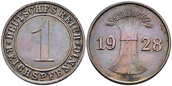 ГЕРМАНИЯ 1 РЕЙХСПФЕННИГ 1928 A KM 37, J. 313, Weege 2 бронза 4547-126