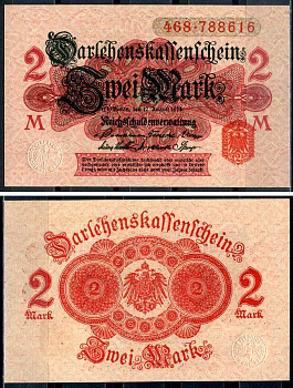 Германия 2 марки 1914 красная бумага Pick 54 бумага UNC (пресс) 450-112-2