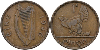 Ирландия 1 пенни 1946 курица с цыплятами KM 11 бронза 4144-1142