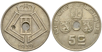 Бельгия 5 сантимов 1939 Belgie - Belgique KM 111 никель латунь 4548-1112