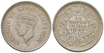 Британская Индия 1/4 рупии 1944 (Ромб) - Бомбей, Георг VI (1936-1952) KM 547 серебро 4615-1156