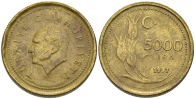 Турция 5000 лир 1997 Мустафа Кемаль Ататюрк KM 1029.1 латунь 4573-913