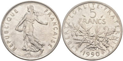Франция 5 франков 1990 сеятель KM 926а.1, Le Franc 341.22 медно-никель плакированный никелем 3855-1134