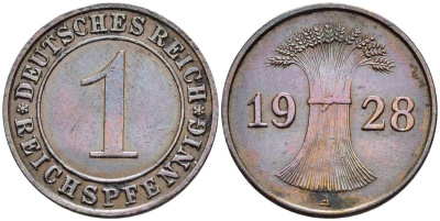 ГЕРМАНИЯ 1 РЕЙХСПФЕННИГ 1928 A KM 37, J. 313, Weege 2 бронза 4547-126
