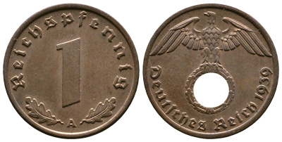 Германия 1 рейхспфенниг 1939 A KM 89, J. 361 бронза    220-342
