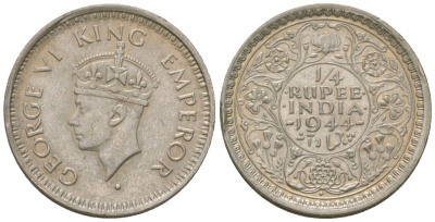 Британская Индия 1/4 рупии 1944 (Ромб) - Бомбей, Георг VI (1936-1952) KM 547 серебро 4615-1156