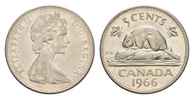 Канада 5 центов 1966 Елизавета II (1952-2022), бобр KM 60.1 никель 4639-448