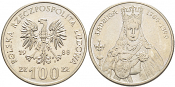 Польша 100 злотых 1988 MW, серия Польские правители, королева Ядвига (1384-1399) KM 183 медно-никель 51-4232