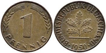 ФРГ 1 ПФЕННИГ 1950 F KM 105, J.380 сталь плакированная медью 4392-437