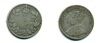 Канада 10 центов 19ХХ ГЕОРГ V серебро 46-1058