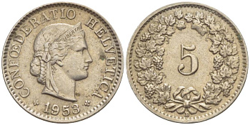 ШВЕЙЦАРИЯ 5 РАППЕНОВ 1953 В KM 26 медно-никель 4532-947