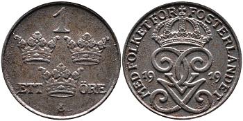 Швеция 1 эре 1919 Густав V (1907-1950) KM 789 железо 4387-537