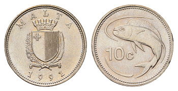 Мальта 10 центов 1991 золотая макрель KM 96 медно-никель UNC 4657-617