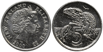 Новая Зеландия 5 центов 2000 ящерица гаттерия, Елизавета II (1952-) KM 116 медно-никель 176-867