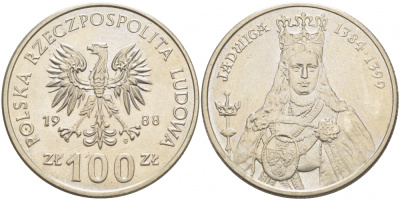 Польша 100 злотых 1988 MW, серия Польские правители, королева Ядвига (1384-1399) KM 183 медно-никель 51-4232