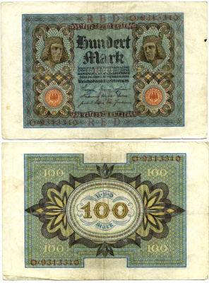 Германия 100 марок 1920 Бамбергский всадник, 7 цифр в номере Pick 69 a, Розенберг 67а  бумага   435-54-1-2