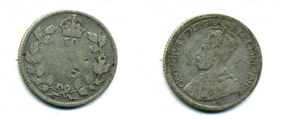 Канада 10 центов 19ХХ ГЕОРГ V серебро 46-1058