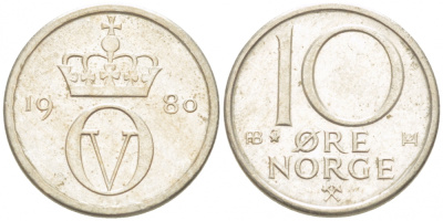 НОРВЕГИЯ 10 ЭРЕ 1980 КМ 416 медно-никель 3955-249