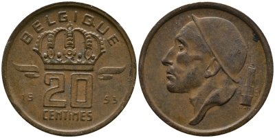 Бельгия 20 сантимов 1953 Belgique, Бодуэн I (1951-1993) KM 146 бронза 99-366