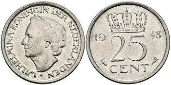 НИДЕРЛАНДЫ 25 ЦЕНТОВ 1948 ВИЛЬГЕЛЬМИНА KM 178 никель 96-112