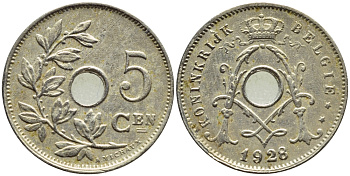 БЕЛЬГИЯ 5 САНТИМОВ 1928 BELGIE KM 67 медно-никель 86-319
