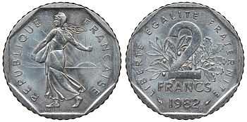 Франция 2 франка 1982 сеятель KM 942.1, Le Franc 272.6 никель 4123-434