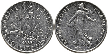Франция 1/2 франка 1985 сеятель KM 931.1 никель 99-1138