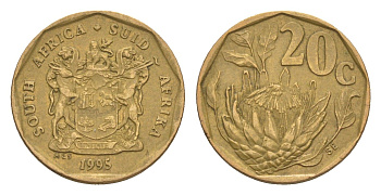 ЮАР 20 центов 1995 герб, цветок протея KM 136 сталь плакированная бронзой 4618-434