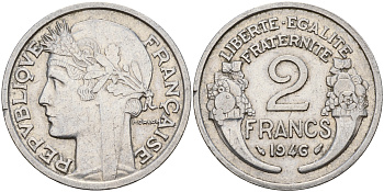 Франция 2 франка 1946  KM 886а.1 алюминий    4601-917