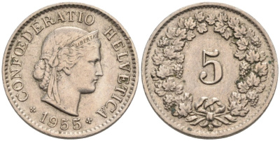 Швейцария 5 раппенов 1955 В KM 26 медно-никель 4564-963