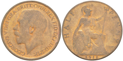 Великобритания 1/2 пенни 1911 Георг V (1910-1936) KM 809,Spink 4056 бронза 4523-947