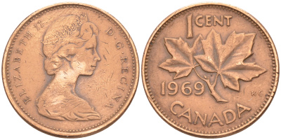 Канада 1 цент 1969 Елизавета II (1952-2022), кленовый лист KM 59.1 бронза 188-748