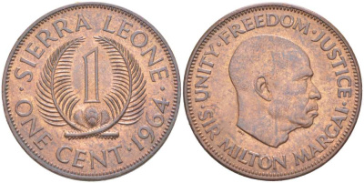 Сьерра-Леоне 1 цент 1964 Милтон Маргаи KM 17 бронза 217-517