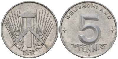 ГДР 5 пфеннигов 1952 A KM 6 алюминий 206-435