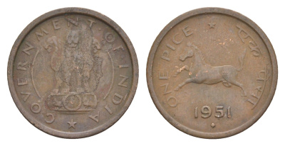 Индия 1 пайс 1951 монетный двор Ромб, лошадь KM 1.3 бронза 4649-344