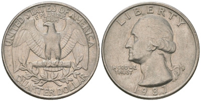 США 25 центов = квотер 1987 P, Вашингтон KM 164a медь плакированная медно-никелем 4595-1232