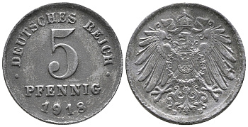 ГЕРМАНИЯ 5 ПФЕННИГОВ 1918 D KM 19, J. 297 железо 39-254