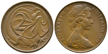 АВСТРАЛИЯ 2 ЦЕНТА 1975 ЕЛИЗАВЕТА II, МОЛОДОЙ ПОРТРЕТ, ПЛАЩЕНОСНАЯ ЯЩЕРИЦА (FRILLED LIZARD) KM 63 бронза 84-417