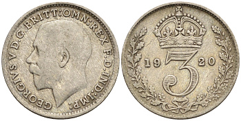 Великобритания 3 пенса 1920 Георг V (1910-1936), пограничный год KM 813 или 813a, Spink 4015 или 4026 серебро 4115-358