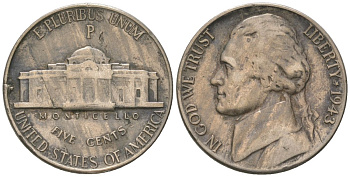 США 5 центов 1943 P, Томас Джефферсон KM 192a серебро 4561-122