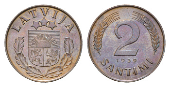Латвия 2 сантима 1939 KM 11.2 бронза 4679-251