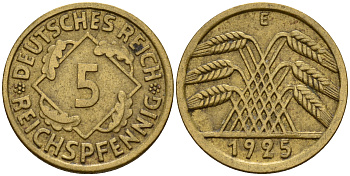 Германия 5 рейхспфеннигов 1925 E J.316, KM 39 алюминиевая бронза    4598-1162