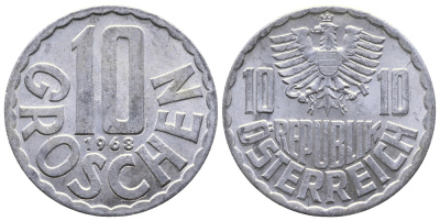 Австрия 10 грошей 1968 KM 2878 алюминий 53-834