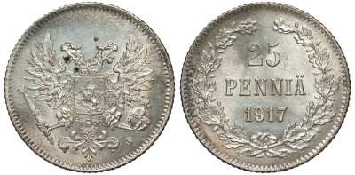 Россия для Финляндии 25 пенни 1917 S, временное правительство, без короны KM 19, Биткин 2 серебро 75-1433